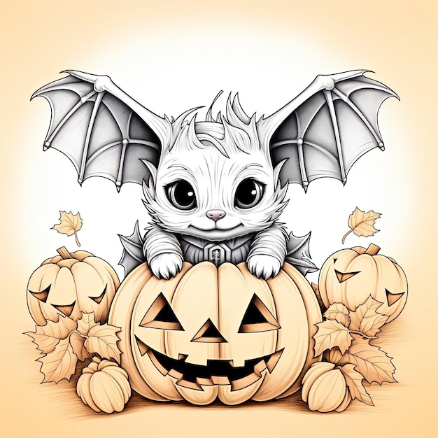 bat in a pumpkin sitting on top of a coloring page in the style of colorful costumes