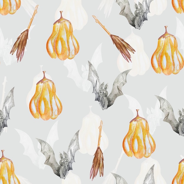 Bat pumpkin watercolor seamless pattern