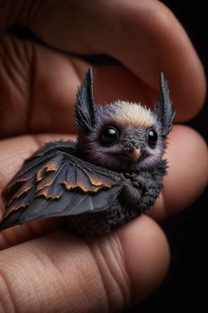 Photo a bat that is small and has a black body with a black body and a black body with a yellow and orange wings.