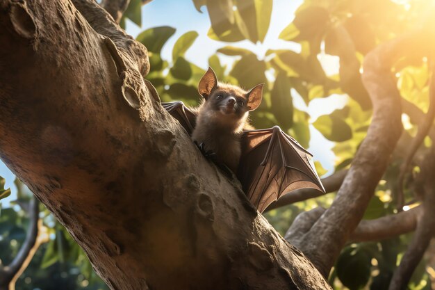 Photo a bat on a tree with the sky in the background