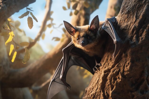 A bat on a tree with the sky in the background