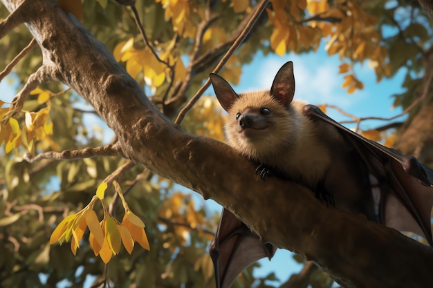 Photo a bat in a tree with yellow leaves