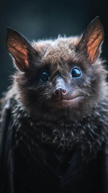 A bat with blue eyes sits on a table.