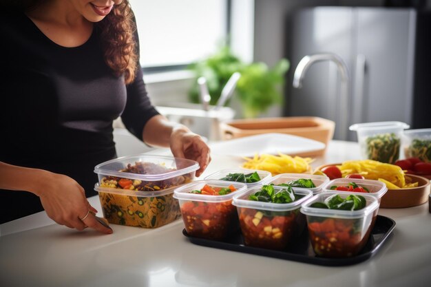 Batch Cooking Prep Woman Packing Food in Tupperware