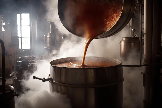 Batch of maple syrup boiling away in large evaporator created with generative ai