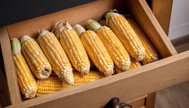 A batch of sweetcorn cobs in a wooden drawer