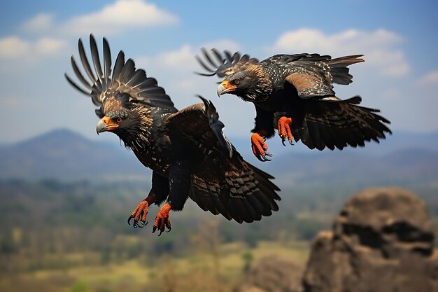 Bateleur eagles soaring in the sky