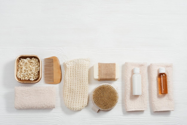 Bath accessories from natural material zero waste set for bathroom bottles with gel and shampoo