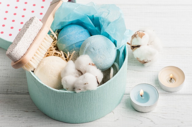 Bath accessories on rustic wooden table