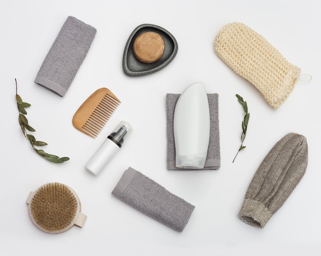 Bath accessories on a white table