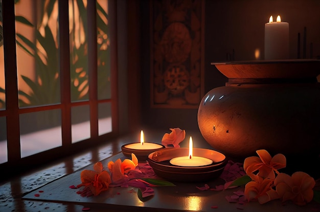 Bath candles and rose petals Generative AI