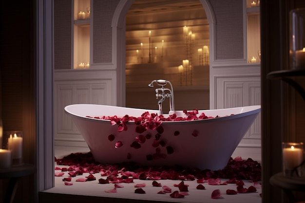 Bath filled with rose petals and scented candles Generative AI