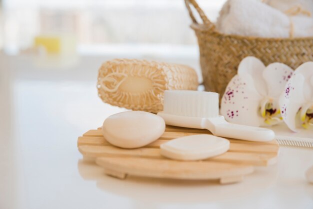 Photo bath implements on white table