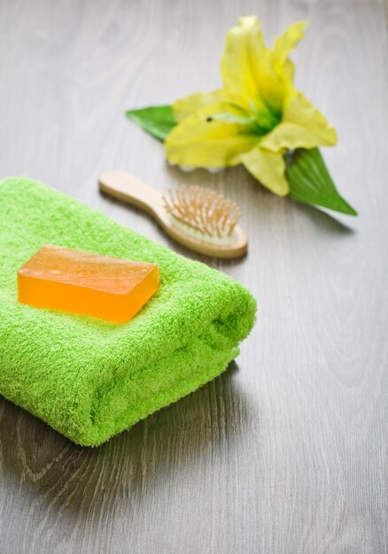 Bath objects on wooden background