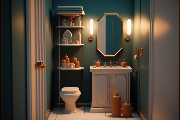 Ванная комната с туалетом, раковиной и зеркалом
