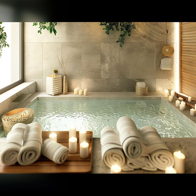 Foto un bagno con una vasca con asciugamani sul lato e un asciugamano sul lato