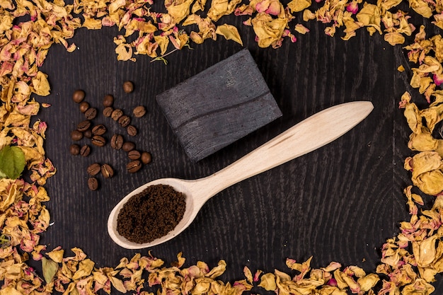 Bath soap with dry rose petal closeup