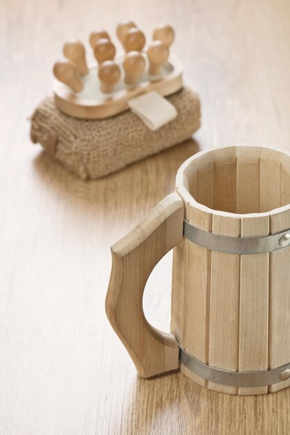 Bath sponge massager and wooden mug