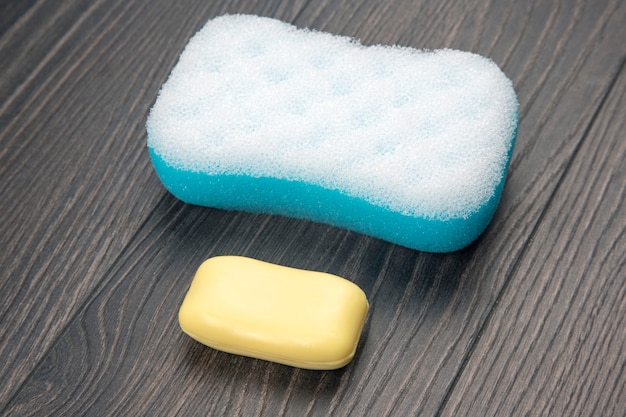 Photo bath sponge and soap on wooden