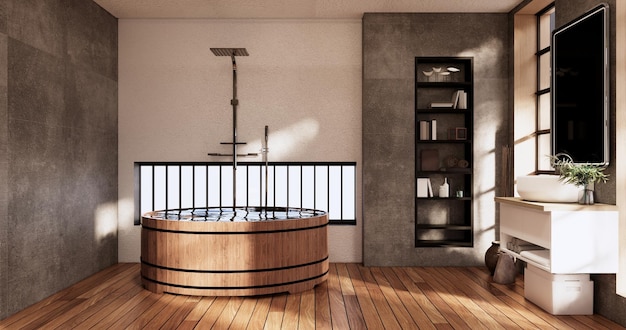 The Bath and toilet on bathroom japanese wabi sabi style 3D rendering