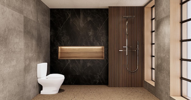 The Bath and toilet on bathroom japanese wabi sabi style 3D rendering