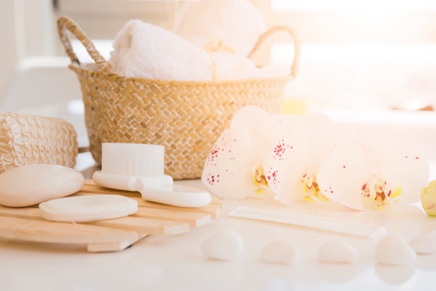 Photo bath tools on white desk