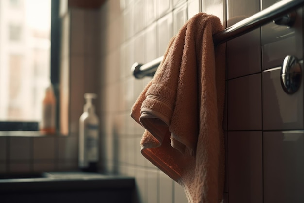 A bath towel on a hanger in bathroom generative ai