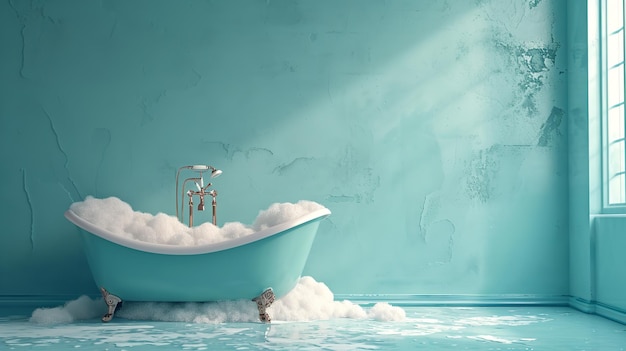 Foto una vasca da bagno in una stanza vuota con parete blu e la luce del sole mattutino che viene dalla finestra generative ai