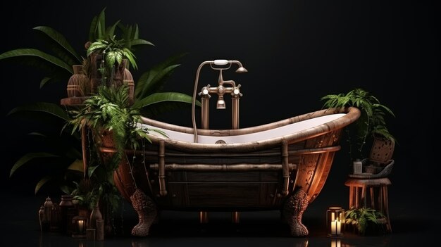 Photo bath tub next to potted plant