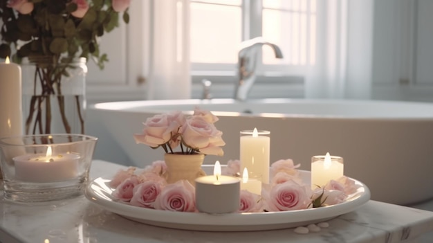 A bath tub with candles and flowers on it