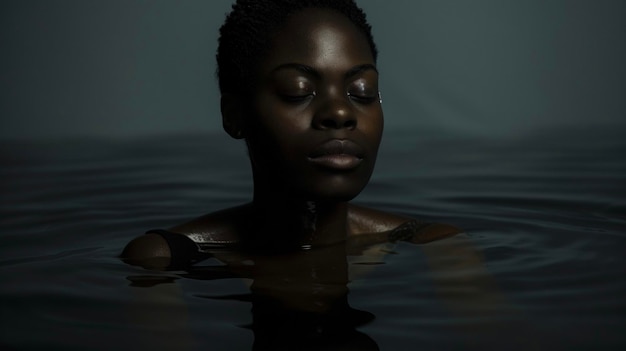 물의 깊은 어두운 색조에 여있는 흑인 여성은 눈을 감고 안고 앉아 있습니다.