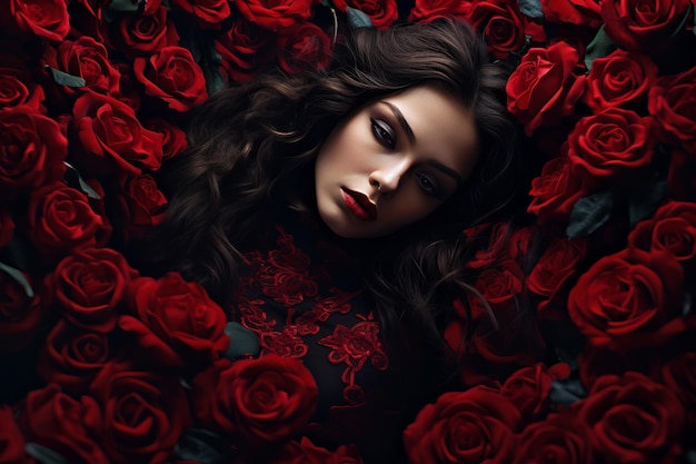Photo bathed in a sea of scarlet the woman covered in red roses