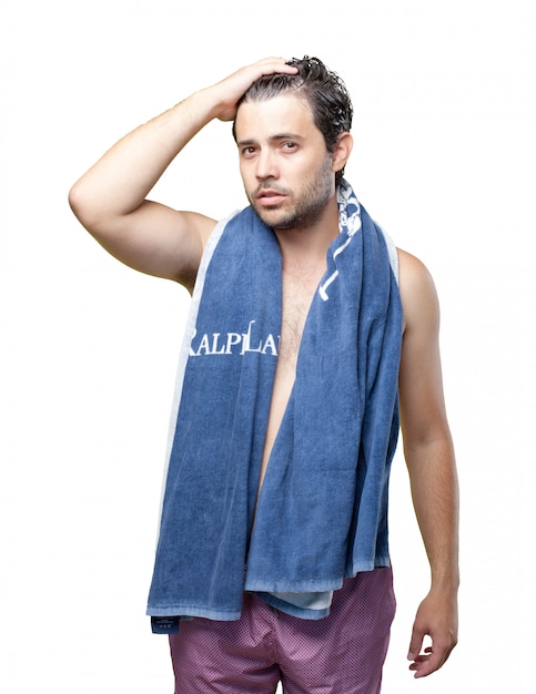 Bather with towel on spa