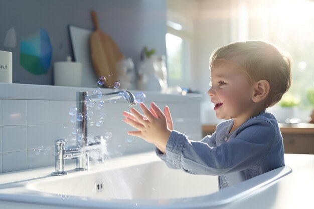 Foto le bellezze del bagno la risata del bambino riempie l'aria mentre le bolle di sapone ballano