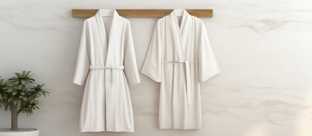 Foto abito da bagno e asciugamano esposto su un modello luminoso della parete del set di abiti da bagno