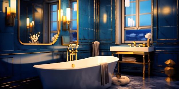 Bathroom in blue and gold decor