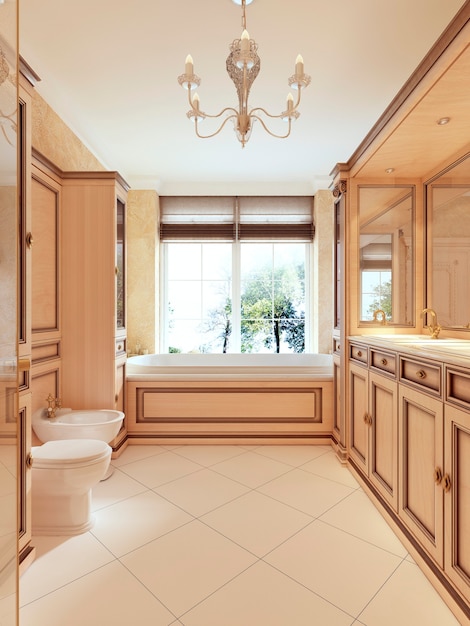 Bathroom in classic style with large window and wooden bathroom furniture. Bathroom in yellow and orange tones. 3D render.