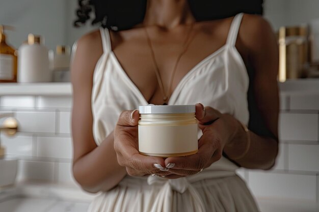 bathroom closeup a woman clutches a jar of rejuvenating cream enhancing her skincare routine