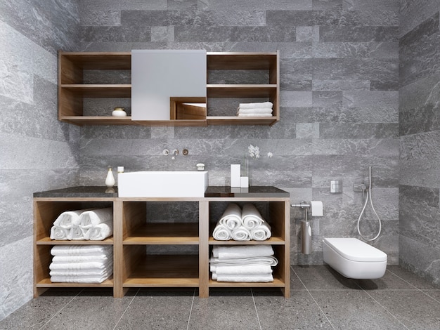 Photo bathroom contemporary style with wall gray stone tiles.