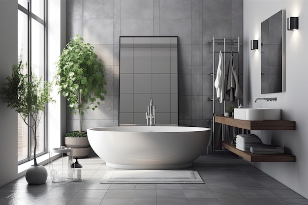 Bathroom corner in gray and white with tiled floor white tub and sink with a big mirror a mockup