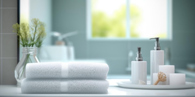 Bathroom counter with bathroom products towels