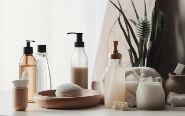 A bathroom counter with bottles of soap and a towel.