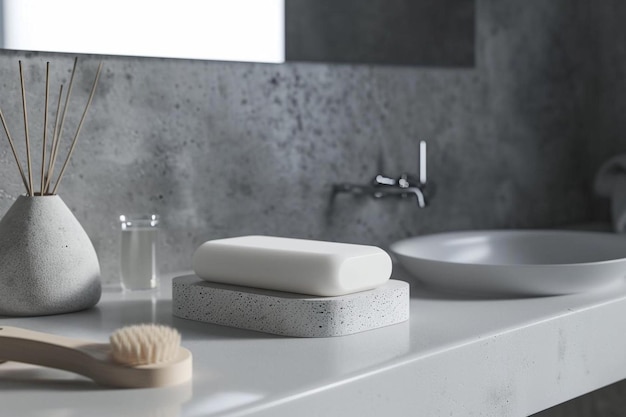 a bathroom counter with a soap dish and a brush