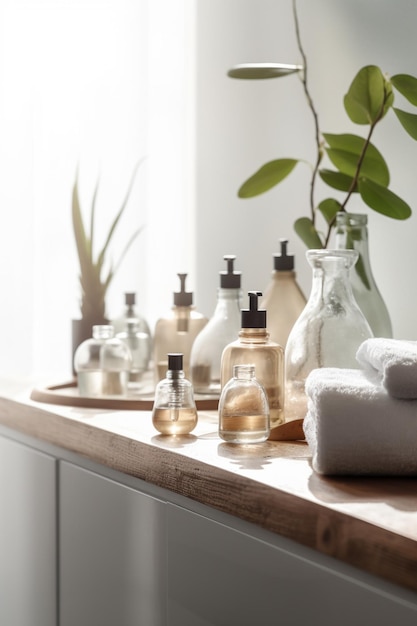 A bathroom counter with soaps and a plant on it.