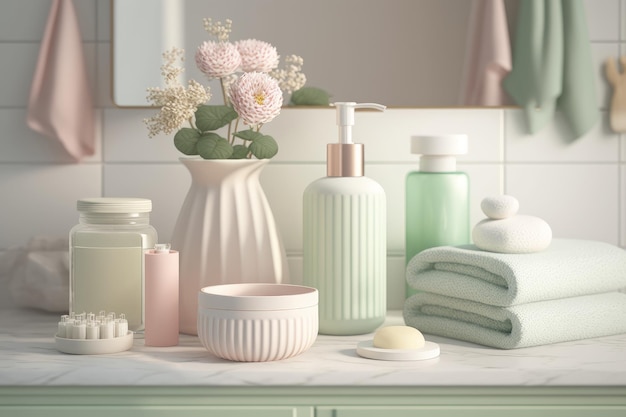 A bathroom counter with a vase of flowers and bottles of soap