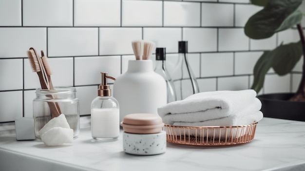 A bathroom counter with white tiles and a basket of soaps and a bottle of soap.