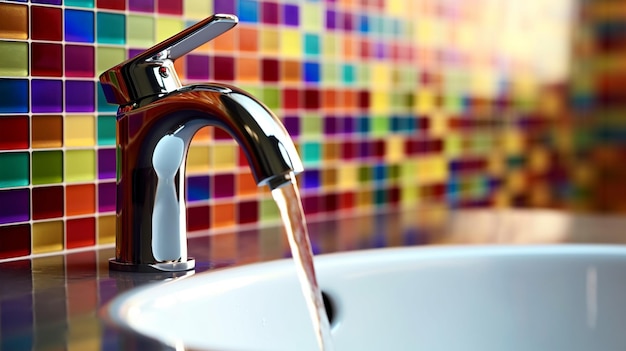 Bathroom design fragment water faucet and ceramic tiles closeup Generated AI