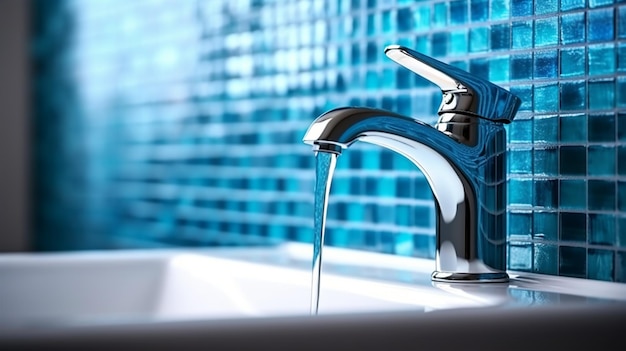 Bathroom design fragment water faucet and ceramic tiles closeup Generated AI