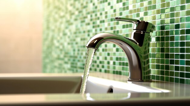 Фрагмент дизайна ванной комнаты, водопроводный кран и керамическая плитка зеленого цвета крупным планом Сгенерировано AI