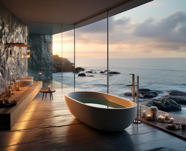 Bathroom design planning luxury style flawless relaxing place with a view of the sea scenery magnificent original design Toilet room for hygiene space for spa